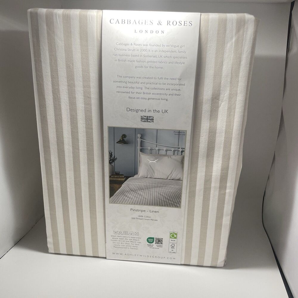 Cabbages & Roses London Queen Sheet Set Pinstripe Linen Beige Striped Cotton NIP - Picture 3 of 3